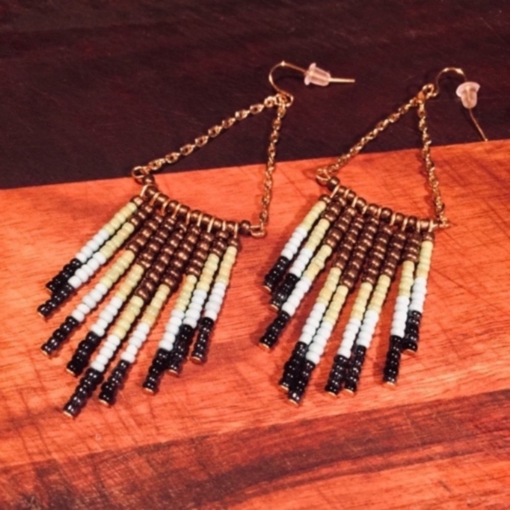 Glass Seed Bead Danglers In Bronze Turquoise Green